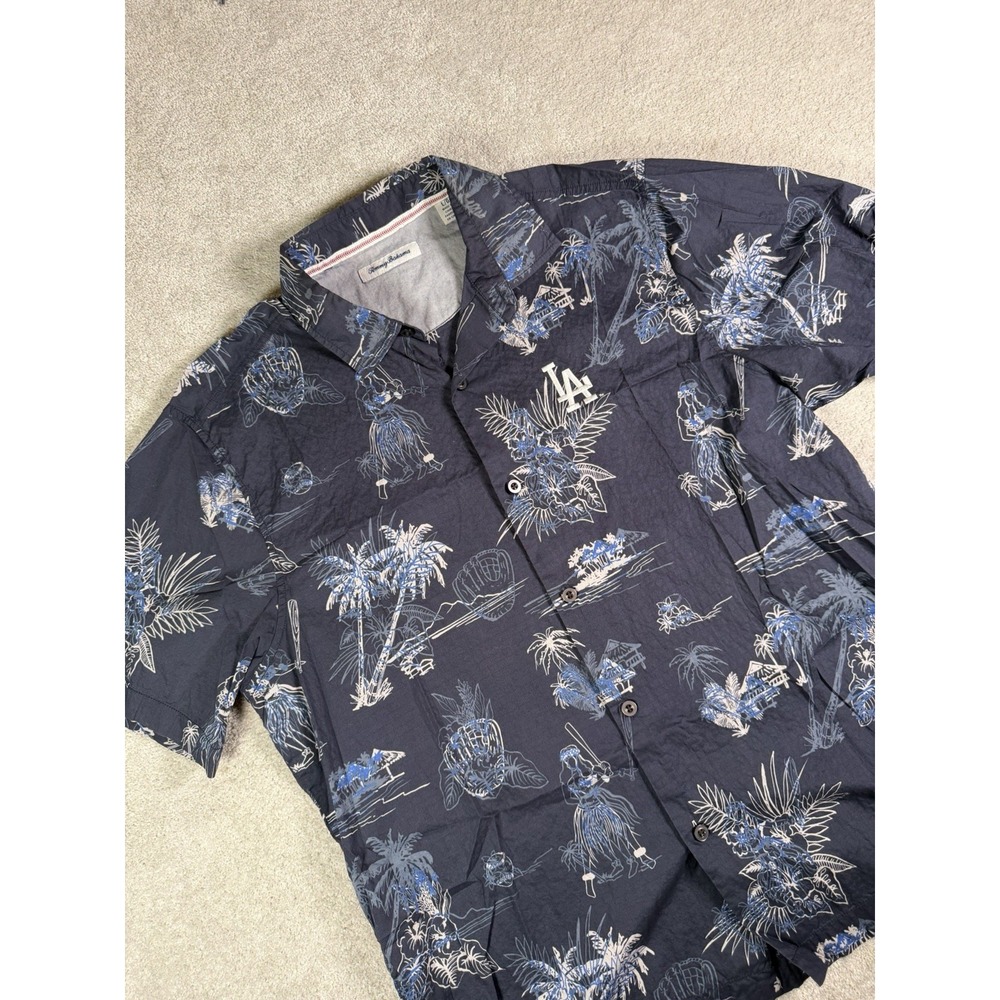 Tommy Bahama LA Dodgers Shirt Mens L Tropical Hawaiian Hula Girl MLB Baseball
